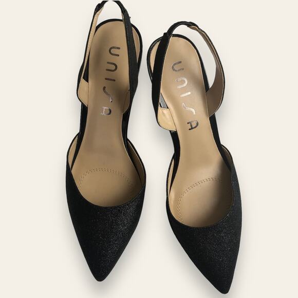 Unisa Elastic Slingback Black Matte Glitter Pointed Toe Heels Size 7 Goth Emo - Picture 3 of 11